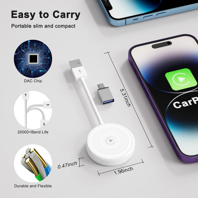 USB + USB-C / Type-C Wired to Wireless Carplay Adapter for iPhone, White Round