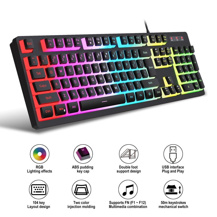 HXSJ L200 Wired RGB Backlit Keyboard 104 Pudding Key Caps, L200
