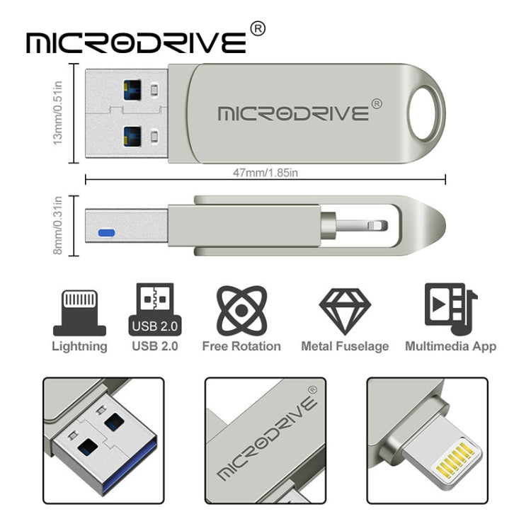 MicroDrive 2 In 1 Lightning + USB2.0 Portable Metal USB Flash Disk, 8GB, 16GB, 32GB, 64GB, 128GB, 256GB, 512GB