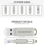 MicroDrive 2 In 1 Lightning + USB2.0 Portable Metal USB Flash Disk, 8GB, 16GB, 32GB, 64GB, 128GB, 256GB, 512GB