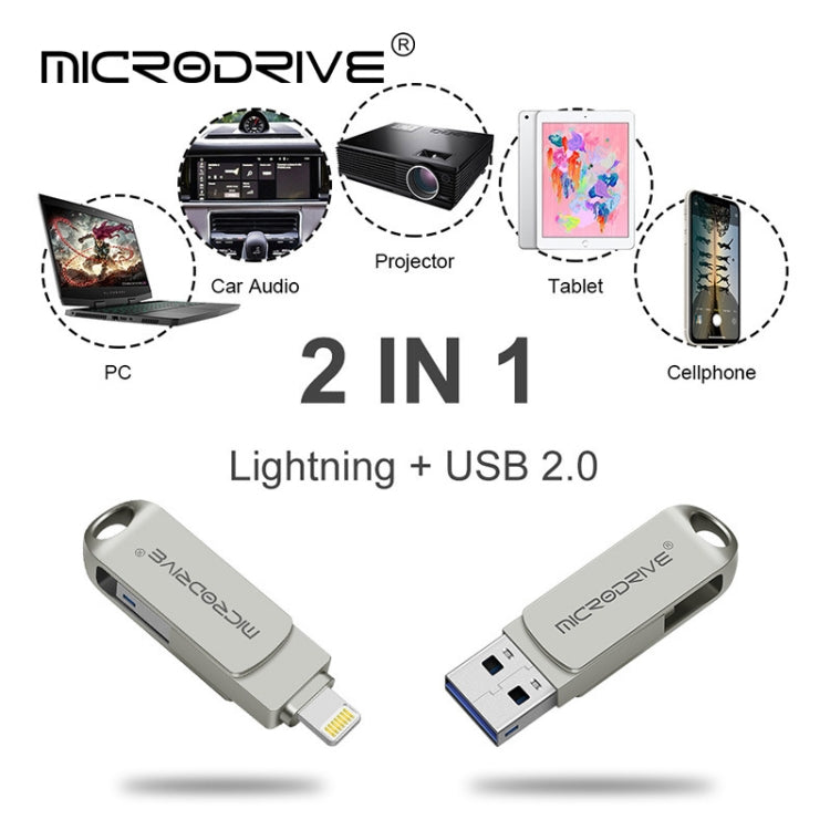 MicroDrive 2 In 1 Lightning + USB2.0 Portable Metal USB Flash Disk, 8GB, 16GB, 32GB, 64GB, 128GB, 256GB, 512GB
