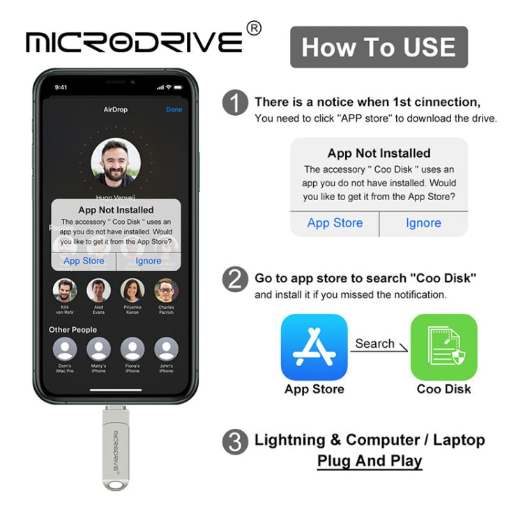 MicroDrive 2 In 1 Lightning + USB2.0 Portable Metal USB Flash Disk, 8GB, 16GB, 32GB, 64GB, 128GB, 256GB, 512GB