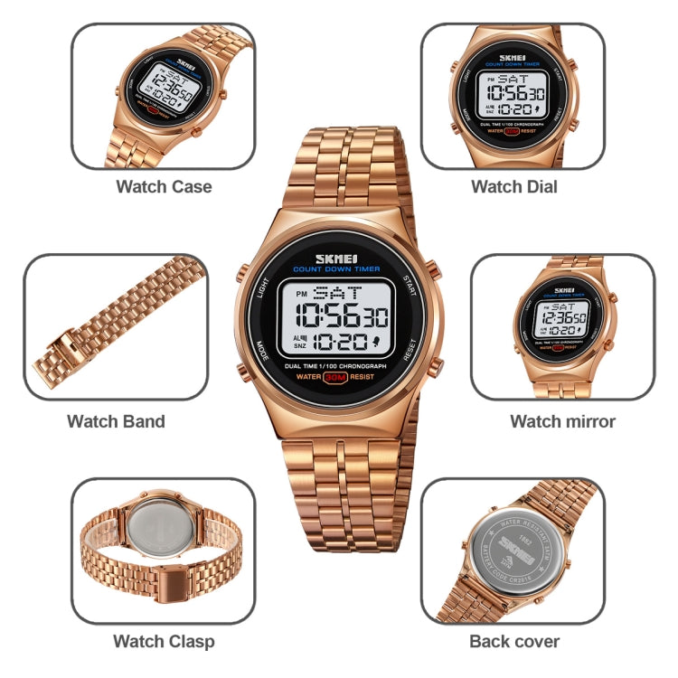 SKMEI 1882 Multifunctional Men 30M Waterproof Luminous Stainless Steel Digital Wrist Watch