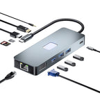 BYL-2309 Type-C to HDMI 4K 60Hz + DP HD + VGA + RJ47 + USB3.2 + Audio 3.5mm + PD100W + SD + TF Docking Station HUB, BYL-2309
