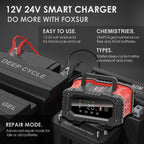 FOXSUR 12V / 24V 20A 300W Portable Motorcycle Car Smart Battery Charger, 20A