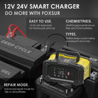 FOXSUR 12V / 24V 10A Portable Motorcycle Car Smart Battery Charger, 10A