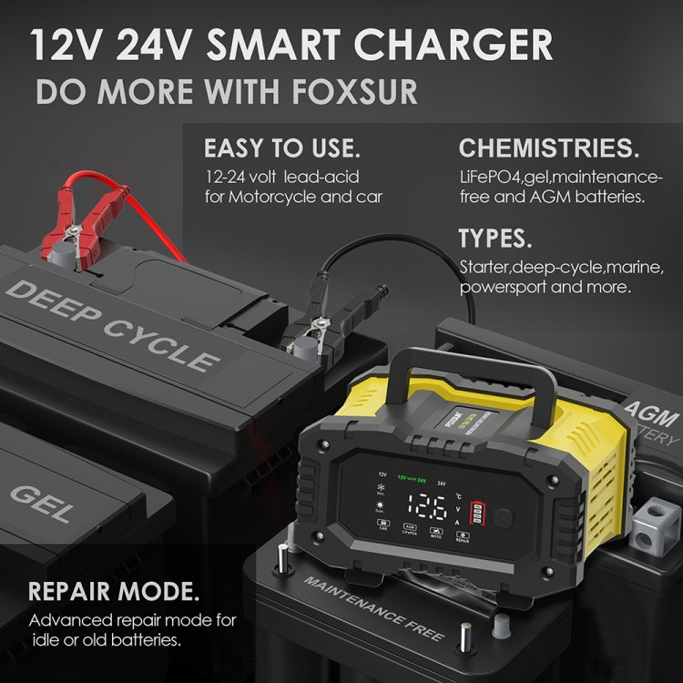 FOXSUR 12V / 24V 10A Portable Motorcycle Car Smart Battery Charger, 10A