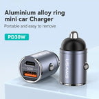 USAMS US-CC206 C38 PD30W USB + Type-C Dual Port Fast Charging Aluminum Alloy Car Charger