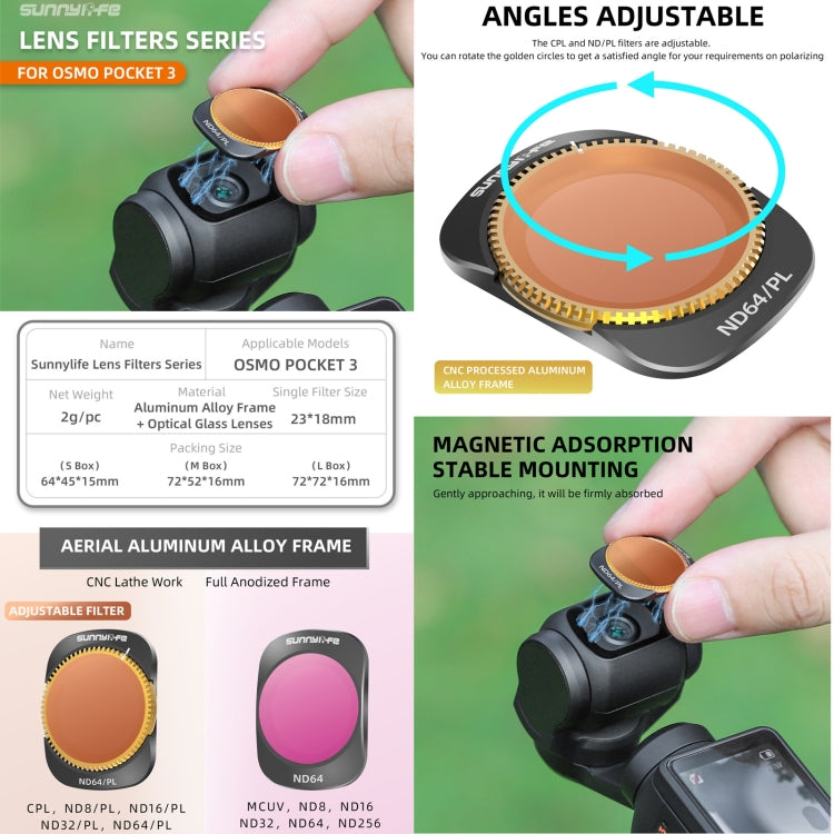 For DJI OSMO Pocket 3 Sunnylife Camera Lens Magnetic Metal Filter, MCUV, ND8, ND16, ND32, ND64, ND256, ND8PL, ND16PL, ND32PL, ND64PL, CPL, 3 in 1 CPL ND8/16, 3 in 1 ND16/64/256, 4 in 1 ND8/16/32/64, 4 in 1 ND8/16/32/64PL, 4 in 1 MCUV CPL ND32/64       ...
