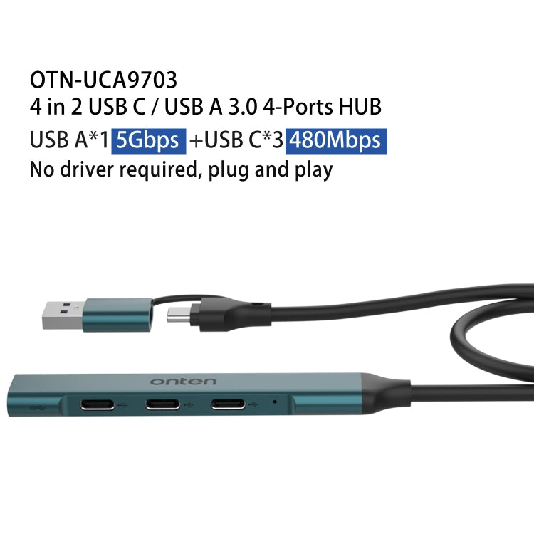 Onten UCA9703 4 in 2 USB 3.0 + Type-C to 3 Type-C + USB HUB Docking Station, UCA9703S, UCA9703