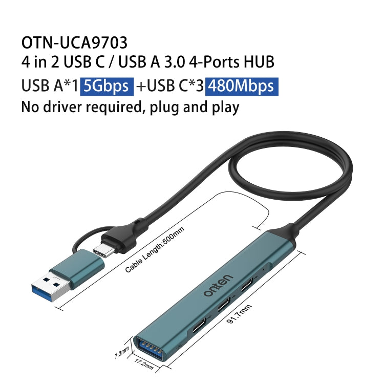 Onten UCA9703 4 in 2 USB 3.0 + Type-C to 3 Type-C + USB HUB Docking Station, UCA9703S, UCA9703