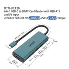Onten UC120 6 in 1 USB-C to SD / TF Card Reader with 3-Ports USB HUB & 5V Input, UC120