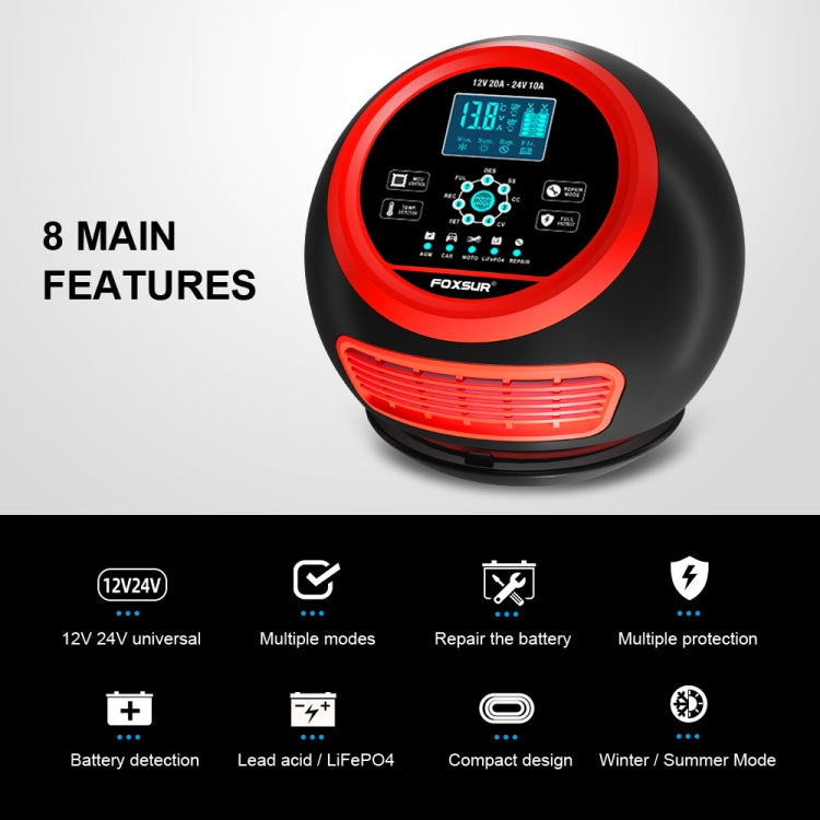 FOXSUR 20A 12V 24V Car / Motorcycle Smart Battery Charger, EU Plug, US Plug, UK Plug