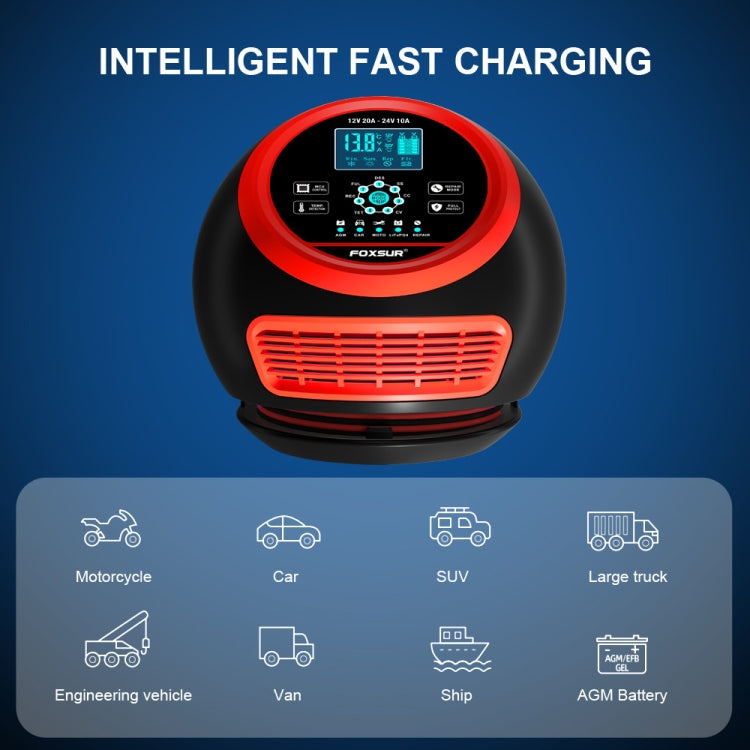 FOXSUR 20A 12V 24V Car / Motorcycle Smart Battery Charger, EU Plug, US Plug, UK Plug
