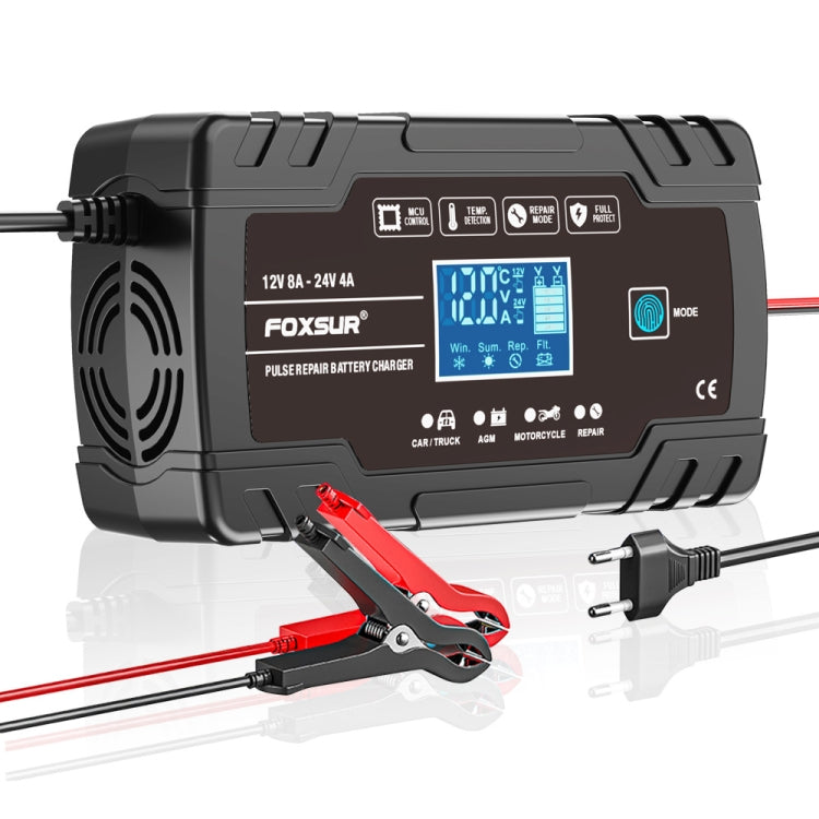 FOXSUR 8A 12V 24V Car / Motorcycle Smart Battery Charger, EU Plug, US Plug, UK Plug