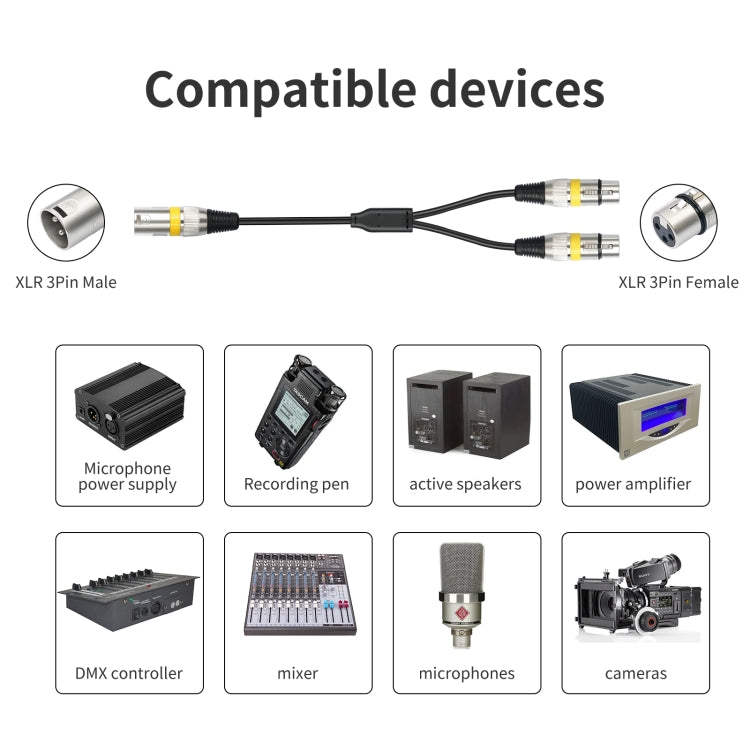 2055YMFF-05 XLR 3pin Male to Dual Female Audio Cable, Length: 50cm
