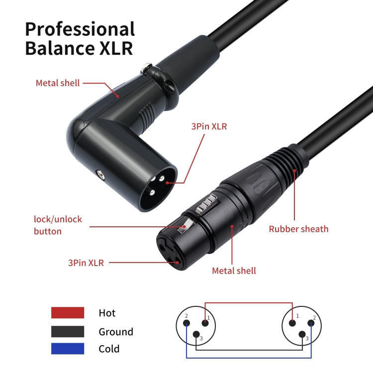 XK042L XLR 3pin Straight Female to Elbow Male Audio Cable, 0.3m, 1m, 2m, 3m, 5m, 10m