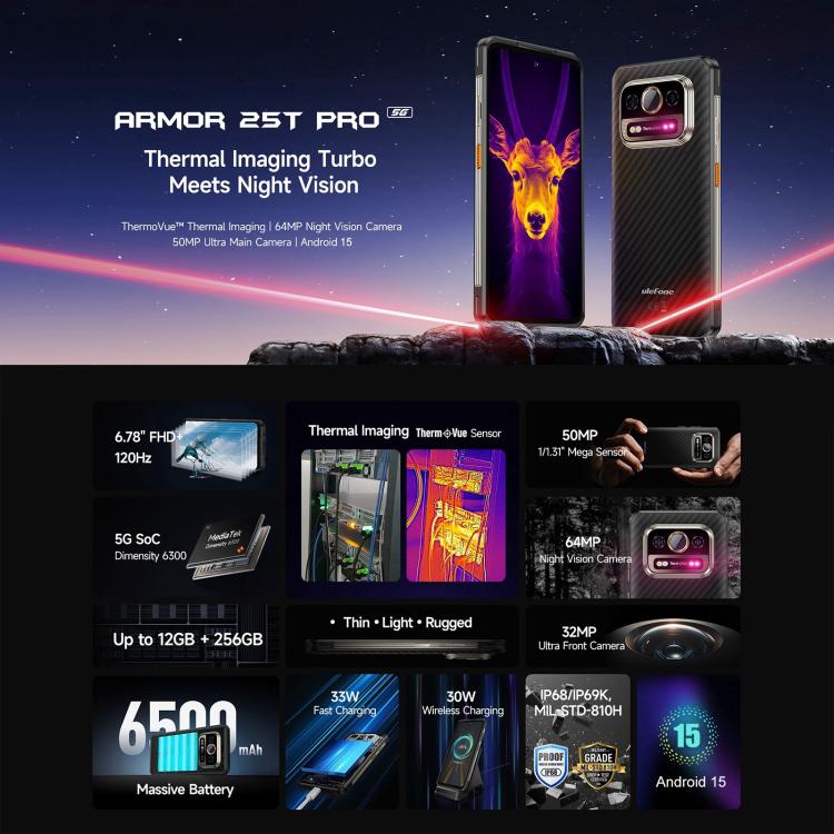 Ulefone Armor 25T Pro Rugged Phone, Thermal Imaging, 6.78 inch Android 15 MediaTek Dimensity 6300 Octa Core, Network: 5G, NFC, 8GB+256GB