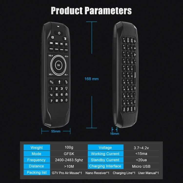 G7V Pro 2.4GHz Fly Air Mouse LED Backlight Wireless Keyboard Remote Control with Gyroscope for Android TV Box / PC, Support Intelligent Voice
