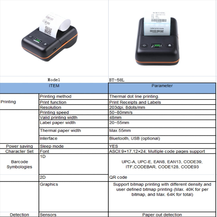 BT-58L 58mm USB+Bluetooth Thermal Label Printer, EU Plug, US Plug