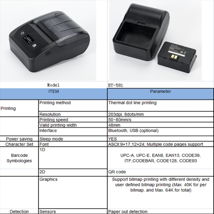 BT-581 58mm USB-C/Type-C + Bluetooth Portable Thermal Printer, EU Plug, US Plug