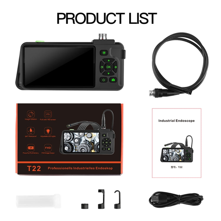 T22 4.5 inch IPS Color Screen 8mm Single Camera Hard Cable Industrial Endoscope, 1m, 2m, 3.5m, 5m, 10m