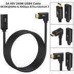 240W USB-C / Type-C Male to Female Multi-function USB 4.0 Elbow Data Extension Cable, 1m