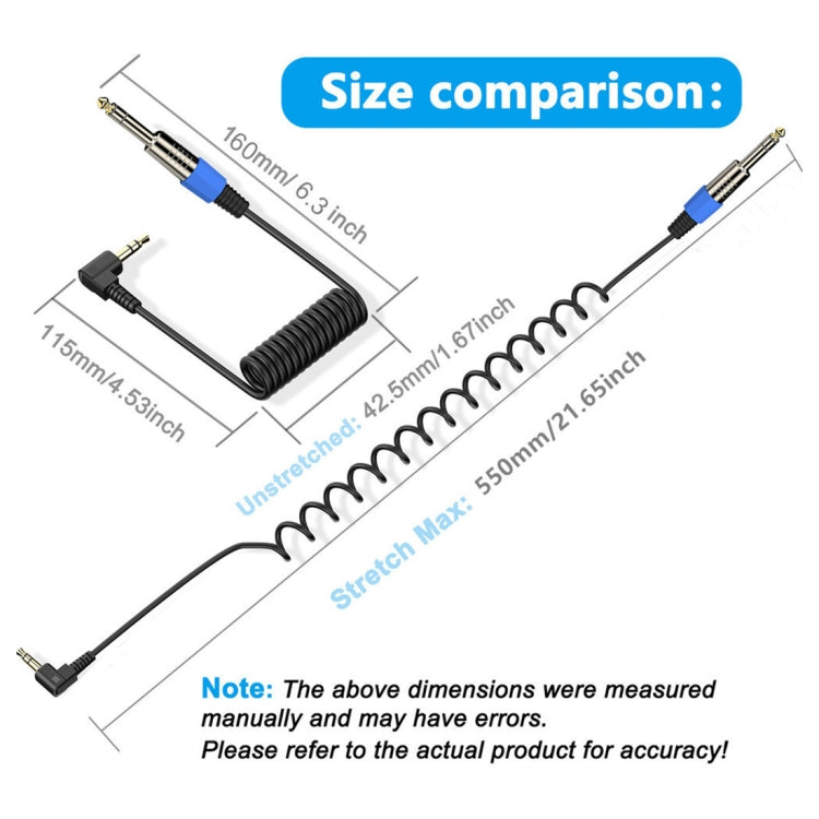 Guitar Loudspeaker Coiled 6.35mm Audio Cable, Length: 0.5m, 6.5mm to 3.5mm Elbow