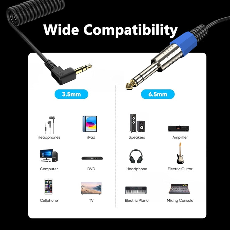 Guitar Loudspeaker Coiled 6.35mm Audio Cable, Length: 0.5m, 6.5mm to 3.5mm Elbow