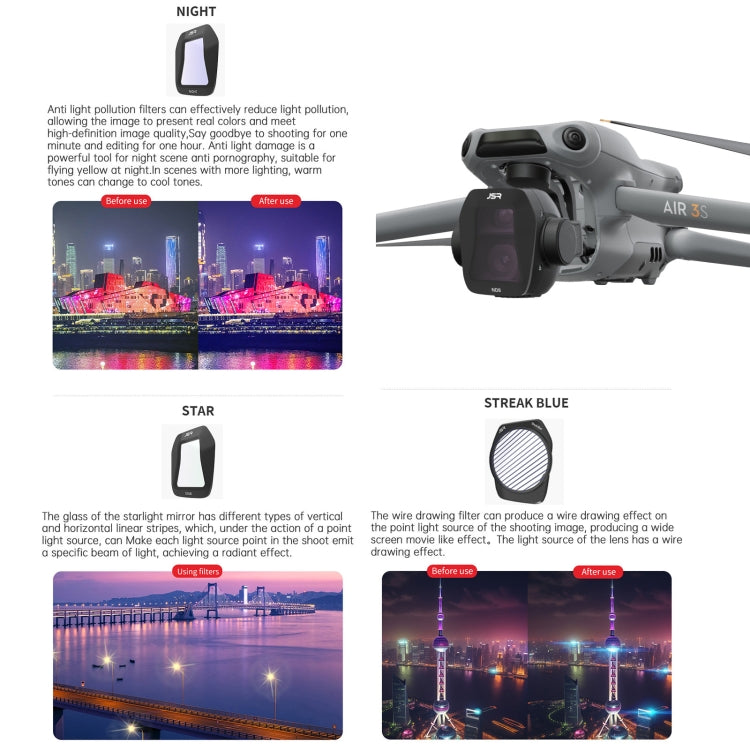 For DJI Air 3S JSR CB Series Drone Lens Filter, UV, CPL, ND8, ND16, ND32, ND64, ND8PL, ND16PL, ND32PL, ND64PL, NIGHT, STAR, Streak Drawing Blue, Adjustable CPL, 3 in 1 ND8/32/64, 4 in 1 CPL ND8/32/64, 4 in 1 ND8-64PL, 6 in 1 ND8-64 CPL STAR            ...