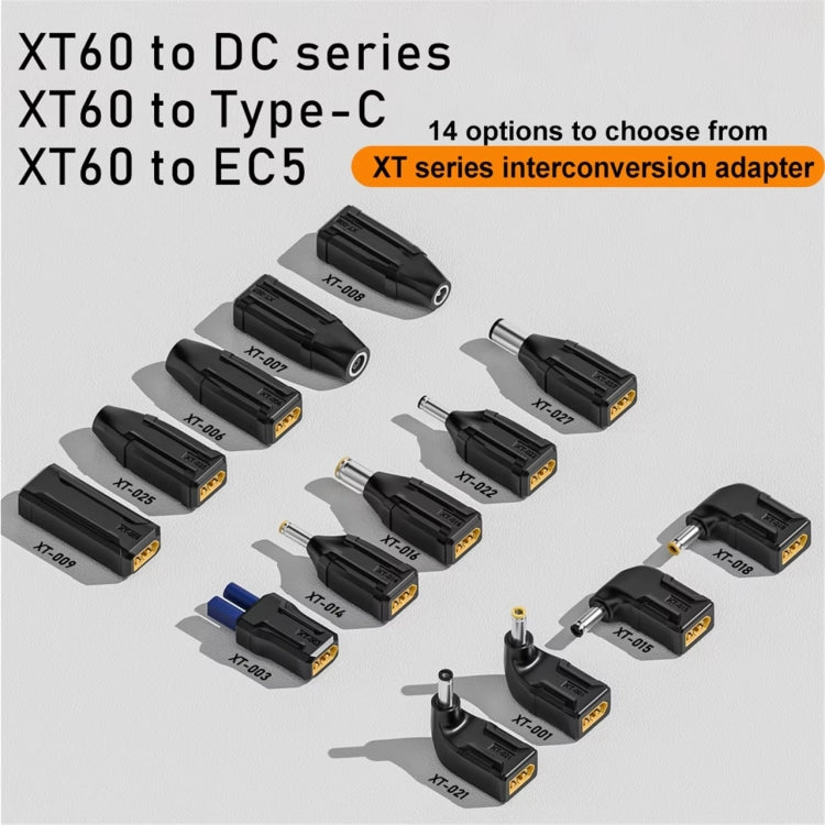 Interchange Adapter, XT-001 XT60 to 5525, XT-002 Type-C to XT60 20V, XT-003 XT60 to EC5, XT-004 XT60 to 7.9x0.9, XT-005 XT60 to 5.5x2.1, XT-006 XT60 to 7.9x0.9, XT-007 XT60 to 7.4x0.6, XT-008 XT60 to 5.5x2.5, XT-009 XT60 Male to XT60 Male              ...