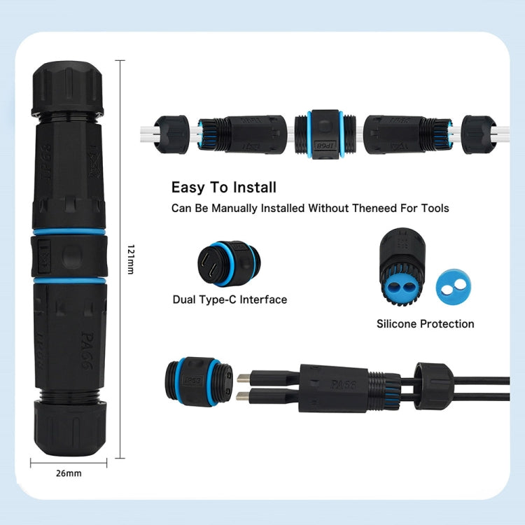 10Gpbs Dual Ports Type-C Straight Waterproof Connector M20 Outdoor Waterproof Coupler Adapter, Dual Ports Type-C Coupler