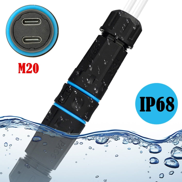10Gpbs Dual Ports Type-C Straight Waterproof Connector M20 Outdoor Waterproof Coupler Adapter, Dual Ports Type-C Coupler