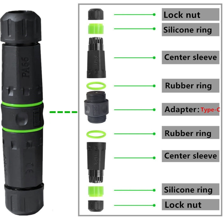 10Gpbs Outdoor IP68 Waterproof Single Port Type-C Female to Female Straight Coupler Adapter, Single Port Type-C Coupler