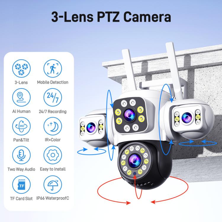 2MP HD 360 Degree Panorama 3 Lens IP66 Waterproof Wireless WiFi Camera, 15 Days Memory Card, 30 Days Memory Card