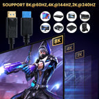 DisplayPort 8K DP1.4 Male to Female Connection Cable for Device Testing, 0.3m, 1m