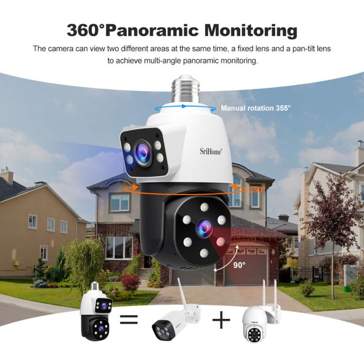 SriHome SH068 E27 4MP HD Dual Lens Light Bulb Camera Outdoor IP66 Waterproof, SH068