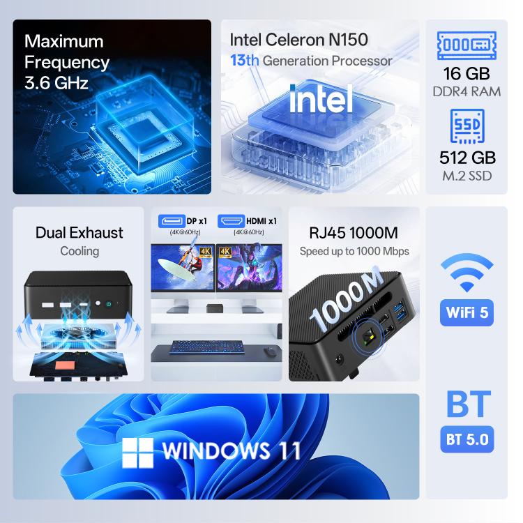 GXMO N15 Windows 11 Mini PC, Intel ADL-N N150 4-Core Processor, 8GB+256GB, 16GB+512GB