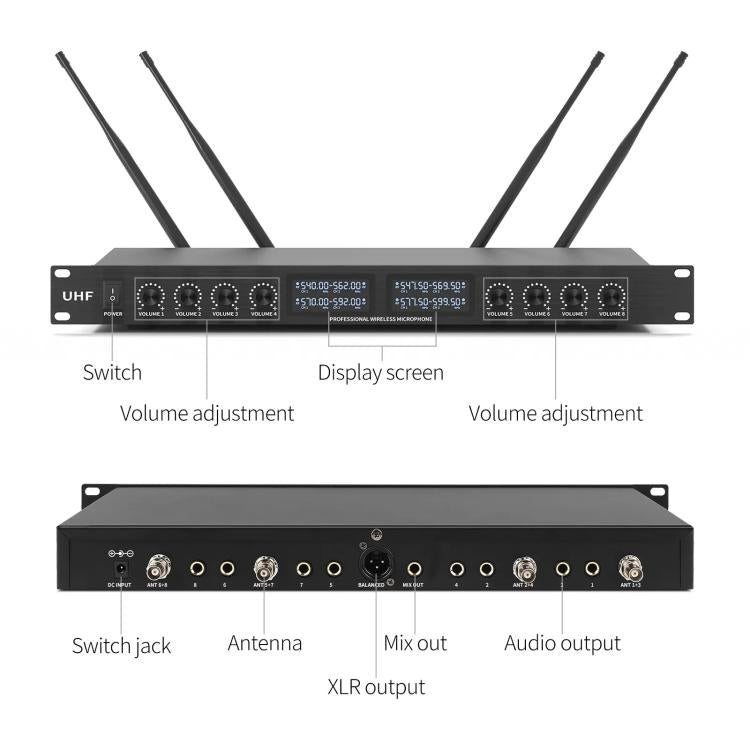 YT8 Wireless 8 Channel UHF Handheld Microphone for Stage Show, 8 Short Microphones, 8 Gooseneck Microphones, 8 Handheld Microphones, 8 BodyPacks