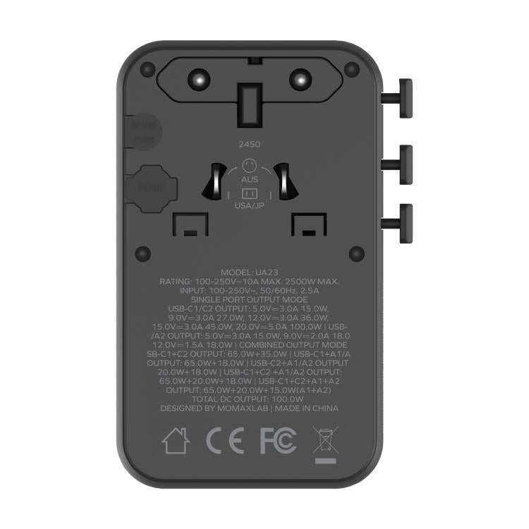MOMAX UA23 1-World 2 4-Port Mini Universal Travel GaN Charger 100W with Dual AC, UA23D, UA23L
