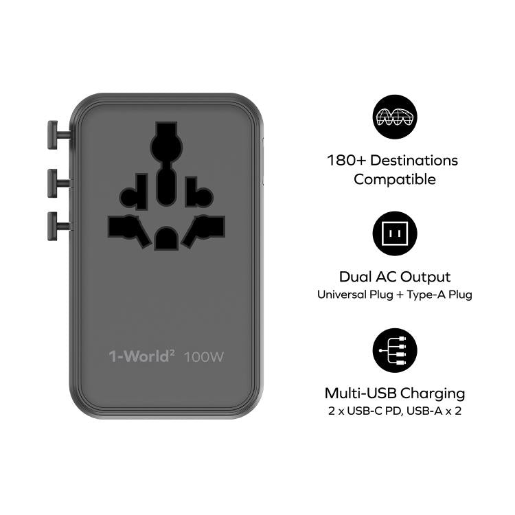 MOMAX UA23 1-World 2 4-Port Mini Universal Travel GaN Charger 100W with Dual AC, UA23D, UA23L