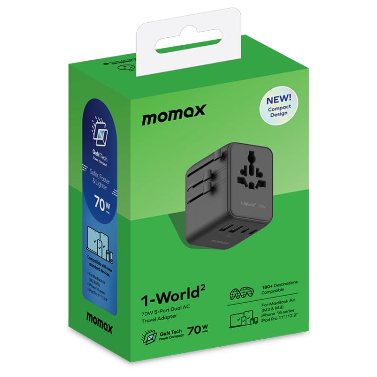 MOMAX UA22 1-World2 70W Dual AC Mini GaN Global Travel Fast Charging Socket, UA22(Black), UA22(Desert Gold)