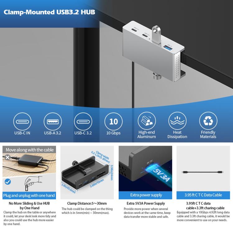 HCL-4A-Pro Aluminum Alloy 4-port USB3.0 Clamp Hub, HCL-4A-Pro