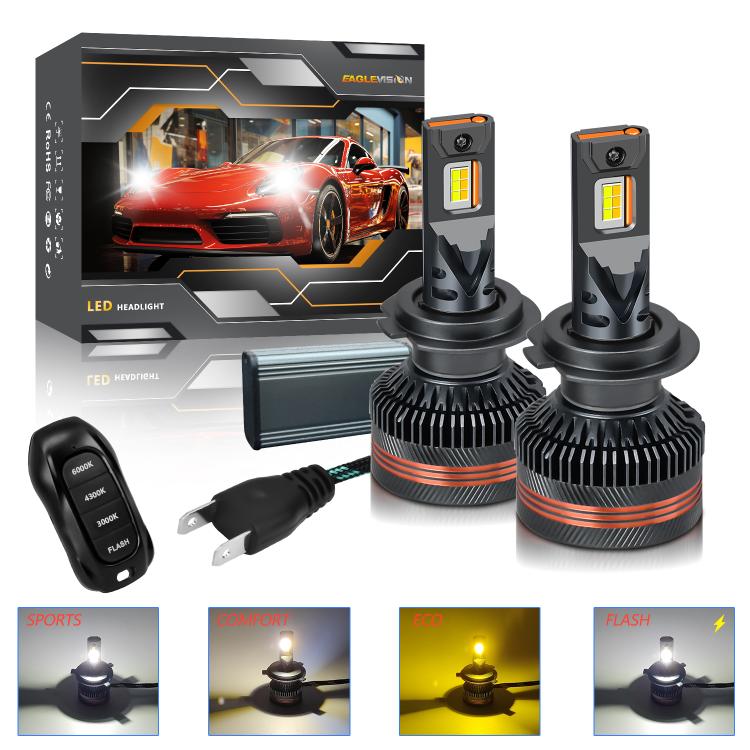 2pcs/Pack 60W 8000LM 6000K Three Color Remote Control Car LED Headlight Bulb, H7