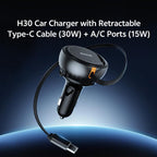 ROCK H30 45W USB-A Type-C Ports Car Charger with Retractable Type-C Cable, H30