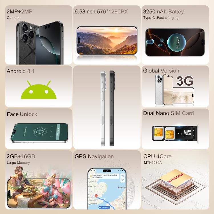C16 Pro Max / A88-B, 2GB+16GB, 6.58 inch Android 8.1 MTK6580A Quad Core, Network: 3G, Dual SIM, EU Plug, US Plug, UK Plug, AU Plug