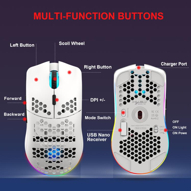 HXSJ T66 3 Modes Wired 2.4G BT5.3 Wireless RGB Rechargeable Mouse, T66