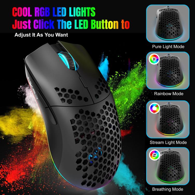 HXSJ T66 3 Modes Wired 2.4G BT5.3 Wireless RGB Rechargeable Mouse, T66