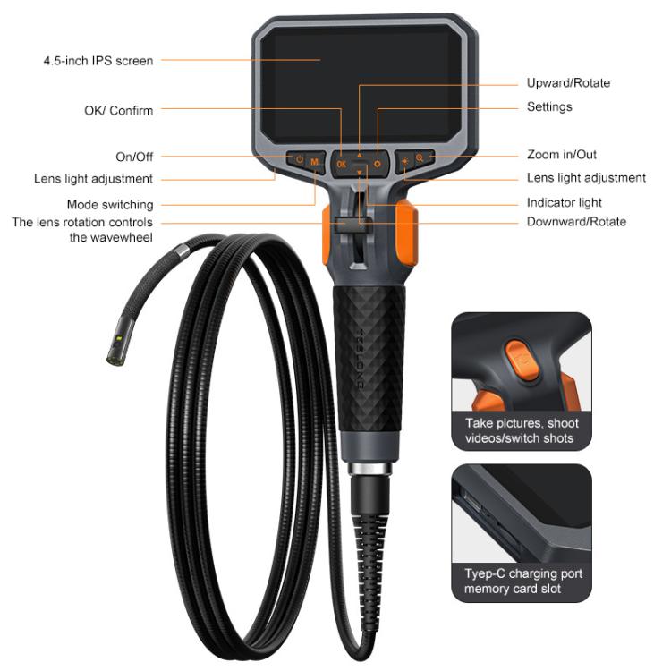 TESLONG TD450S 4.5 Inch Screen 210 Degree Bendable Industrial Endoscope 1.55m Length, 8.5mm Single Lens, 8.5mm Dual Lens