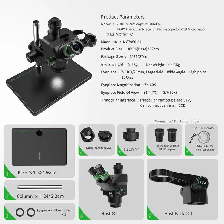2uul MC7060-A1 7-60X Synchronous Zoom Trinocular Microscope, 2uul MC7060-A1